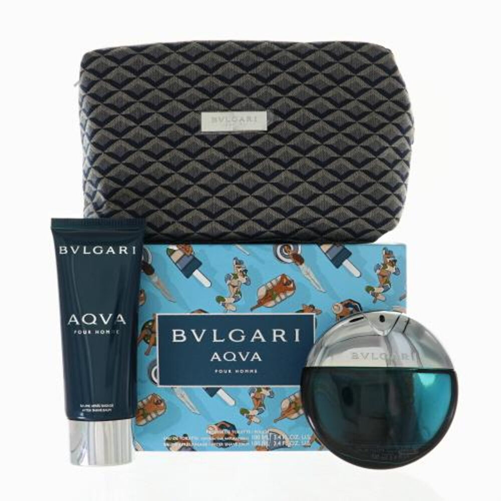 BVLGARI AQUA POUR HOMME 3PC GIFT SET 3.4 OZ EDT 3.4 OZ AFTER SHAVE POUCH 44646