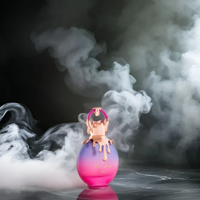 Product on a circular marble platform surrounded by smoke in front of soft shadows 55906