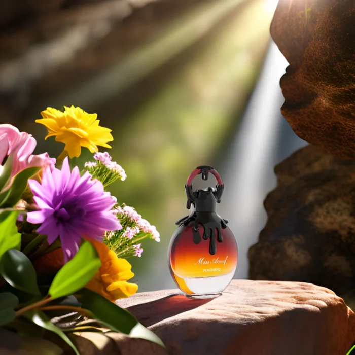 Product on top of a natural rock platform surrounded by flowers sunlight product photography ultra realistic 4389