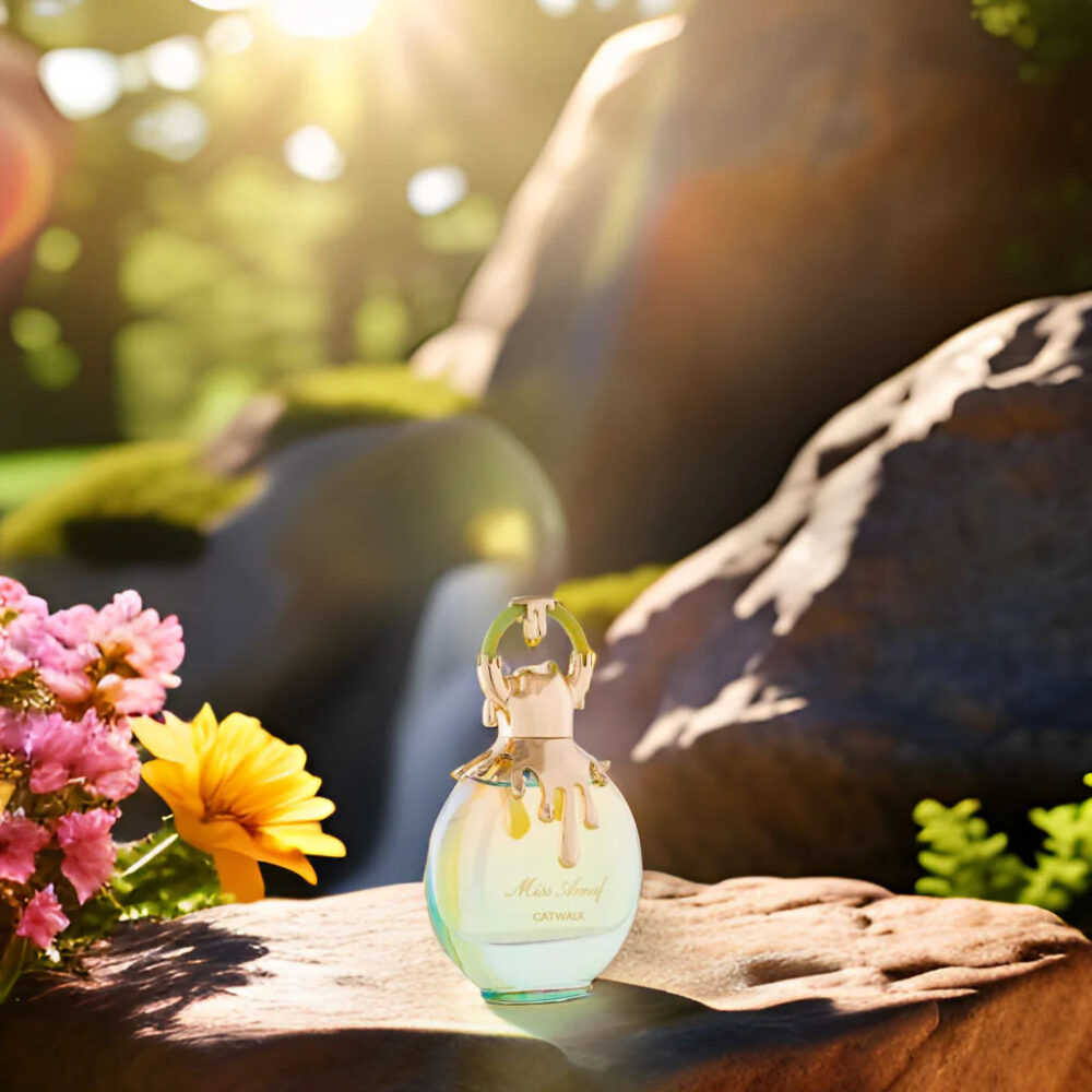 product on top of a natural rock platform surrounded by flowers sunlight product photography ultra realistic 7 66c09920a609e